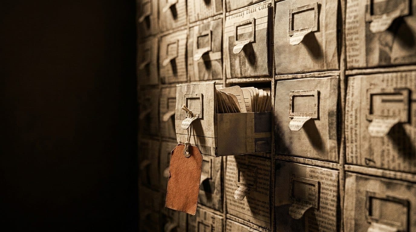 A wall of paper index-card drawers, one pulled open.