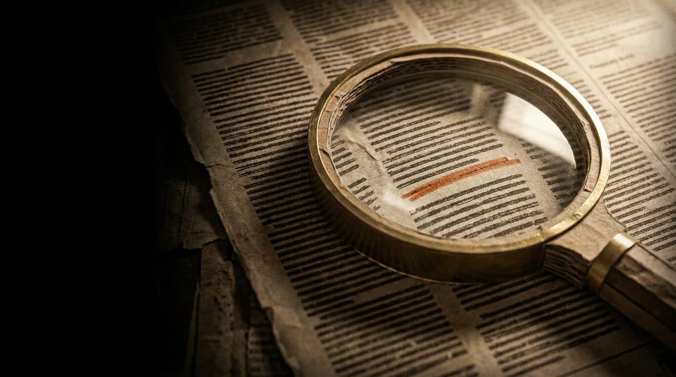 A magnifying glass resting on a sheet of dense printed lines, one line marked in orange.